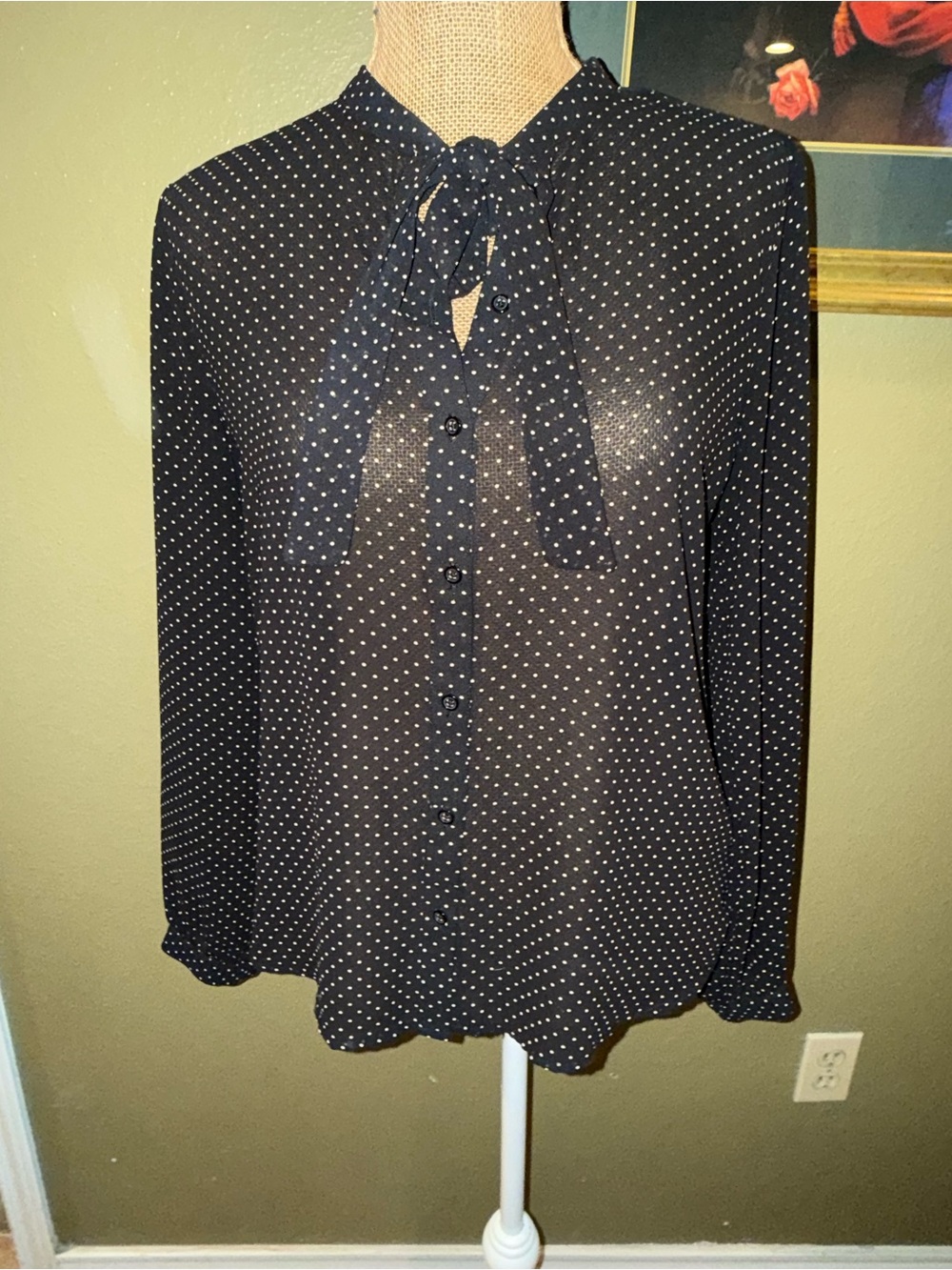 Forever 21 Navy and White Polka Dot Tie-Neck Blouse